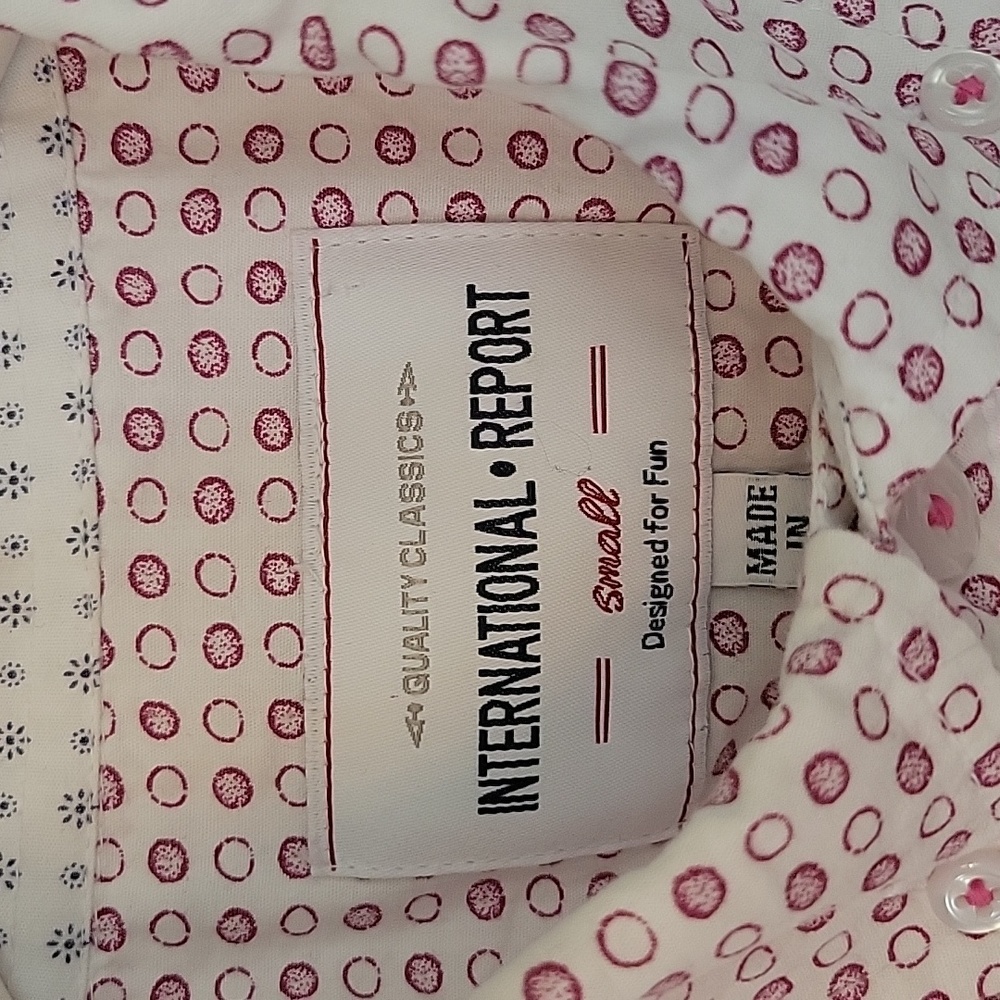 White w/ pink design button down shirt International Report Designed for Fun